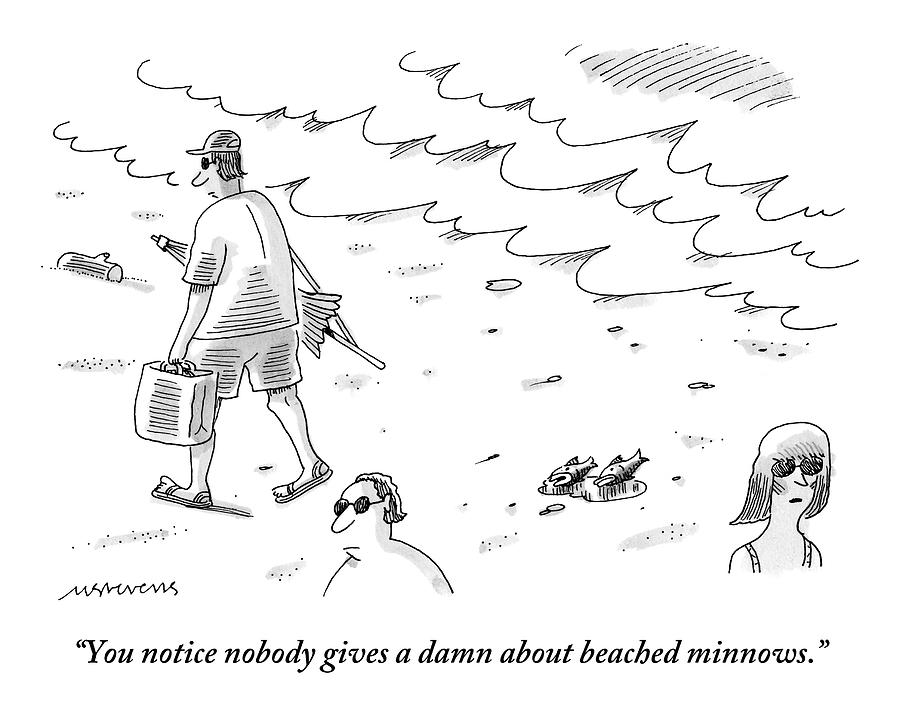 Two Minnows Lay On The Beach As Beach Goers Walk Drawing by Mick Stevens