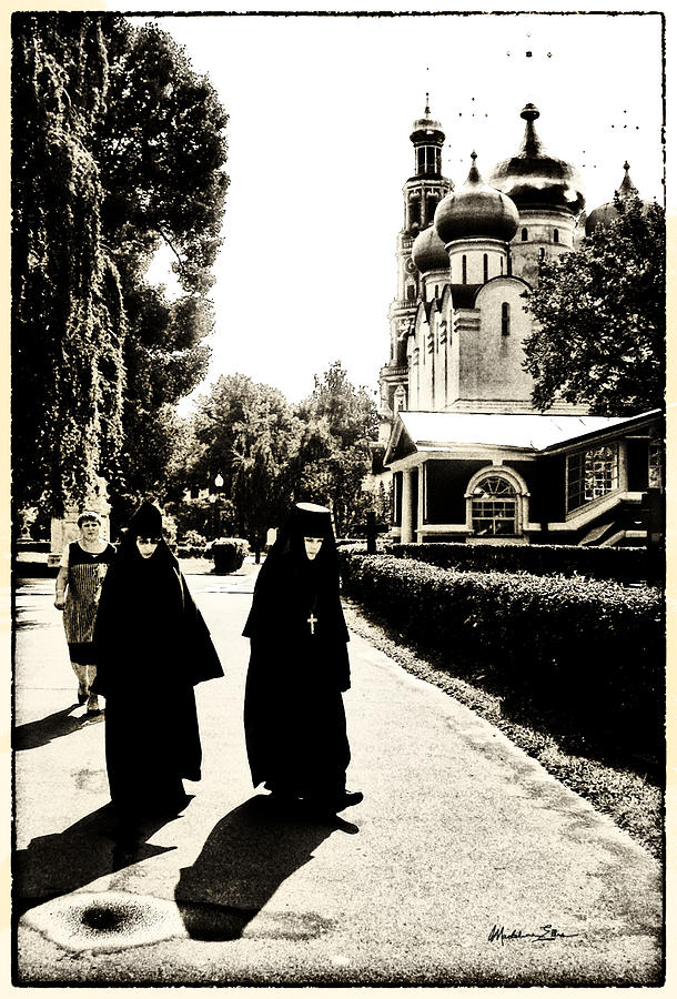 Two Nuns - sepia - Novodevichy Convent - Russia Photograph by Madeline Ellis
