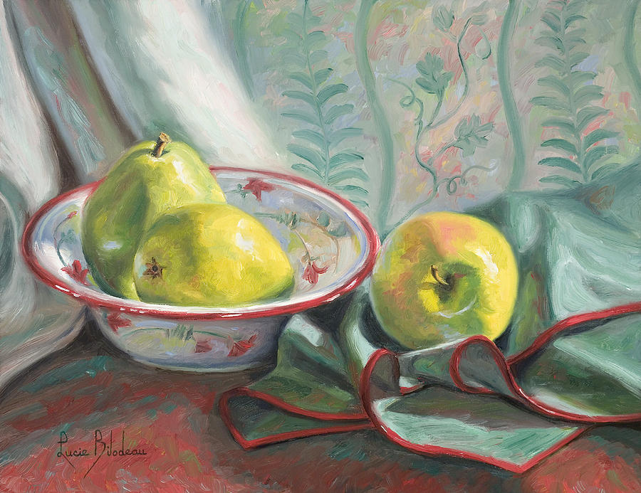 Still Life Painting - Two Pears and One Apple by Lucie Bilodeau