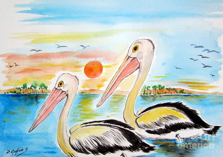 Two Pelicans along The Swan River Australia Painting by Roberto Gagliardi