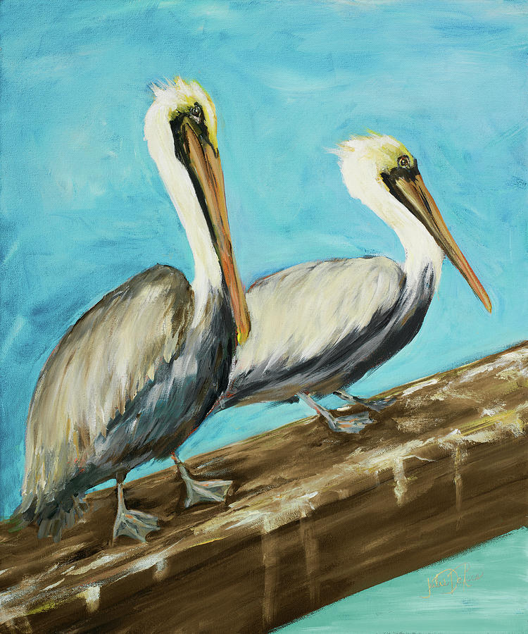 Pelican Painting - Two Pelicans On Dock Rail by Julie Derice