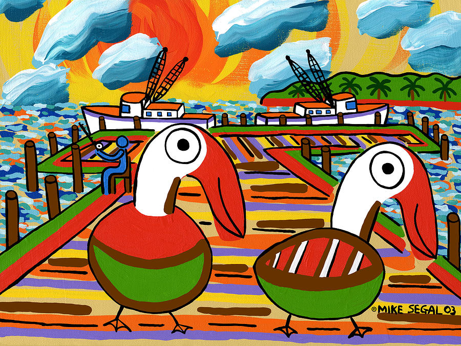 Two Pelicans on the Pier-Cedar Key Painting by Mike Segal