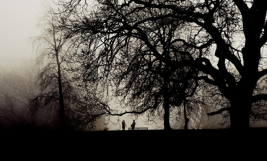Two people meet in a misty park Photograph by Steve Ball