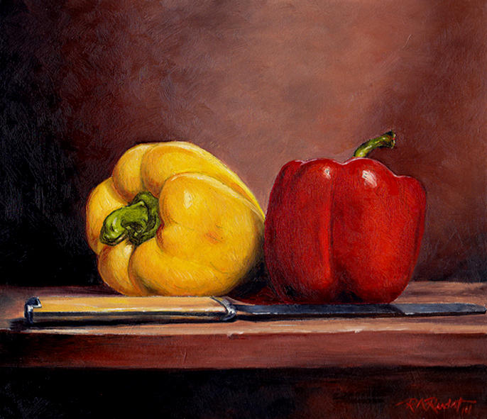 Still Life Painting - Two Peppers and Knife by Ron Rudat