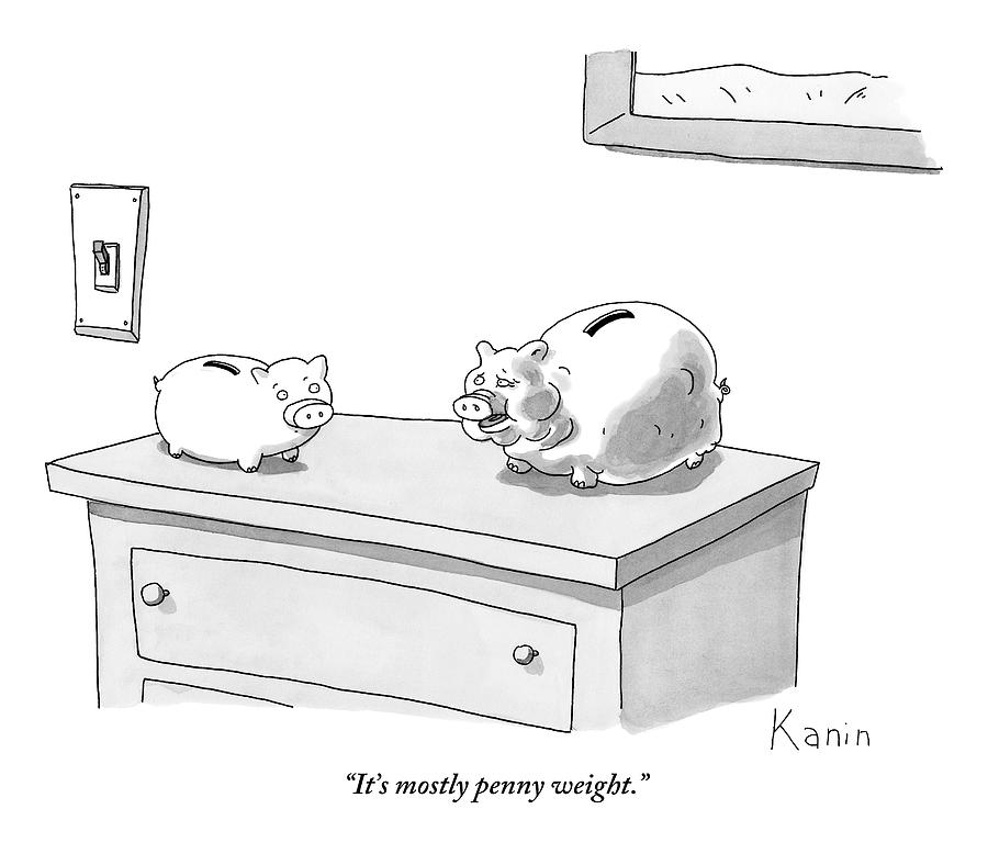 Two Piggy Banks Sit On A Dresser. One Is Heavy Drawing by Zachary Kanin