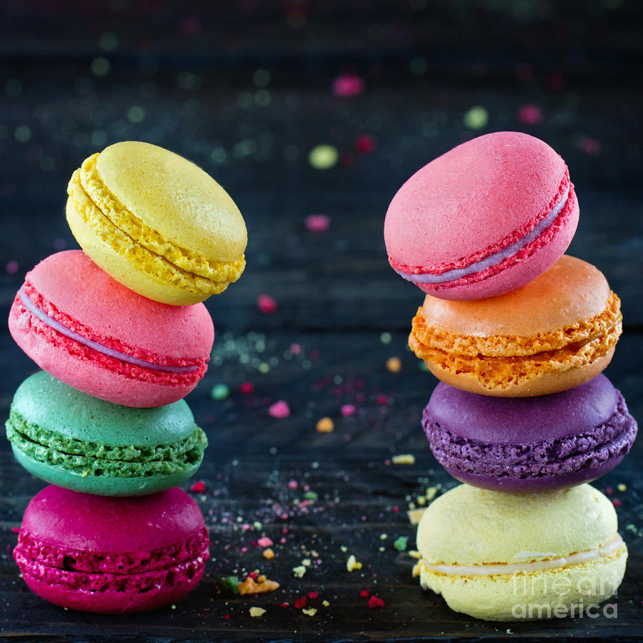 Cake Photograph - Two piles of colorful macaroons by Anna-Mari West