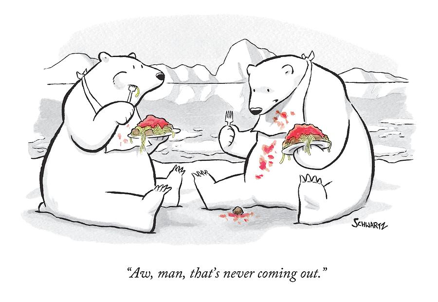 Polar Bear Drawing - Two Polar Bears Eat Spaghetti And Meatballs.  One by Benjamin Schwartz