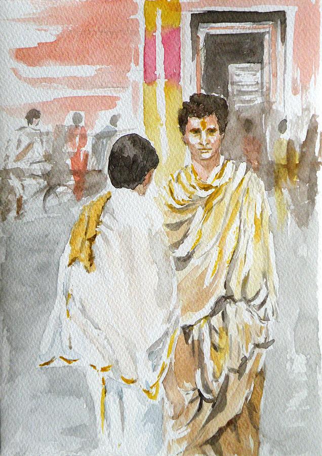 Two priests in conversation Painting by Uma Krishnamoorthy