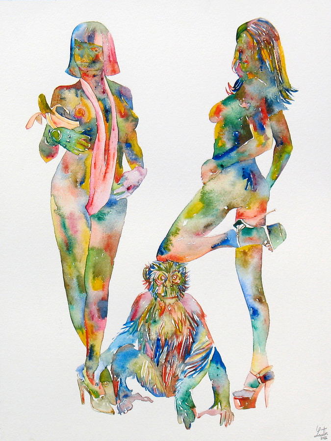 TWO PSYCHEDELIC GIRLS with CHIMP and BANANA PORTRAIT Painting by Fabrizio Cassetta