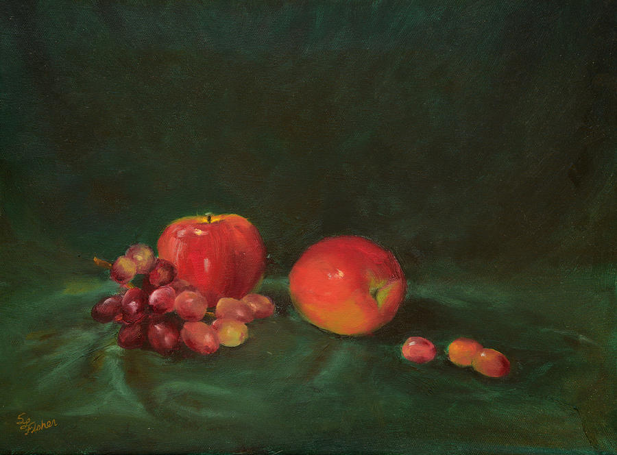 Two Red Apples and Grapes Painting by Sandy Fisher