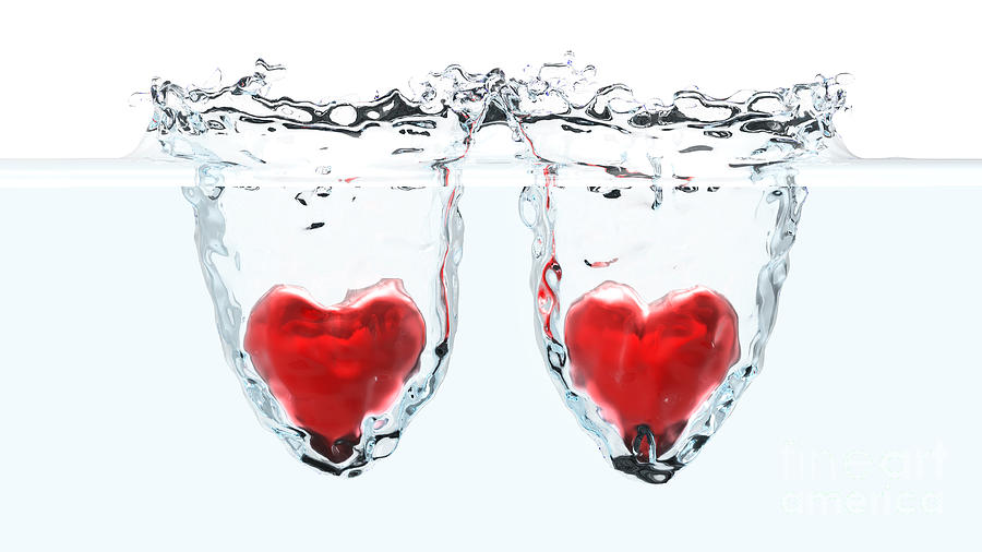 Two Red Hearts Falling Into Water Digital Art