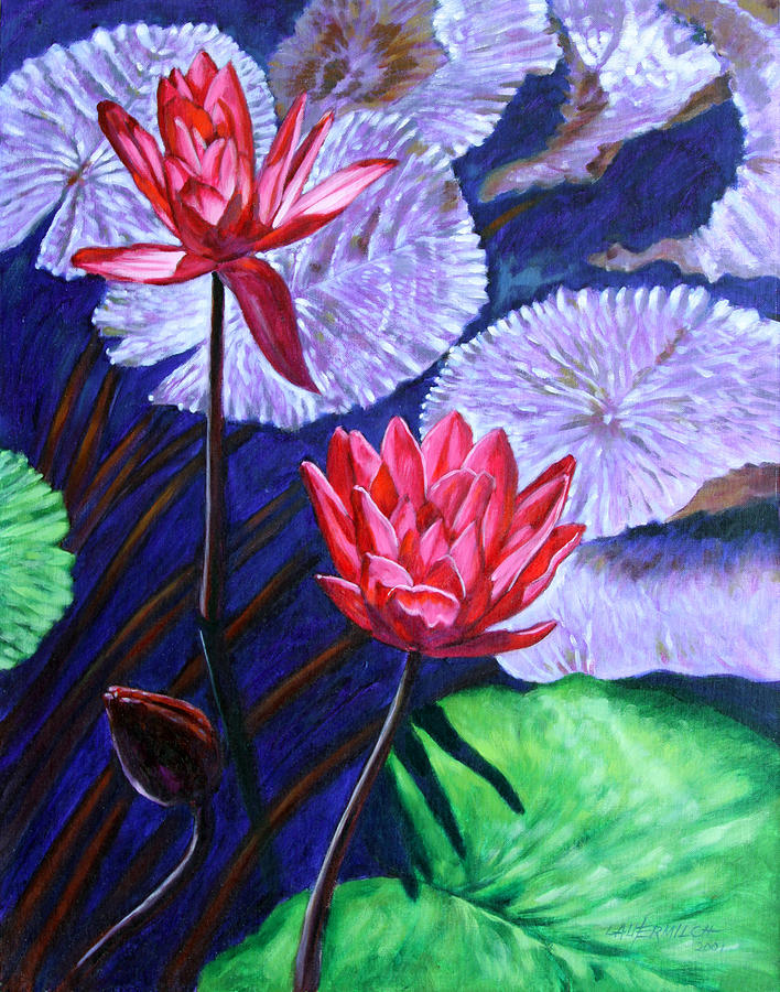 Two Red Lilies Painting by John Lautermilch