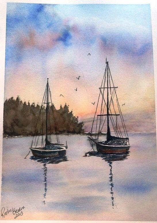 Two Sail Boats at Anchor SOLD Painting by Richard Benson