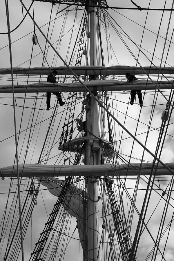 Two sailors working in the rigging - monochrome Photograph by Ulrich Kunst And Bettina Scheidulin