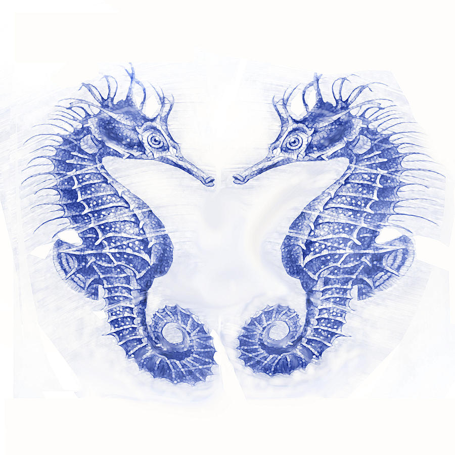 Seahorse Digital Art - Two Seahorses- Blue by Jane Schnetlage