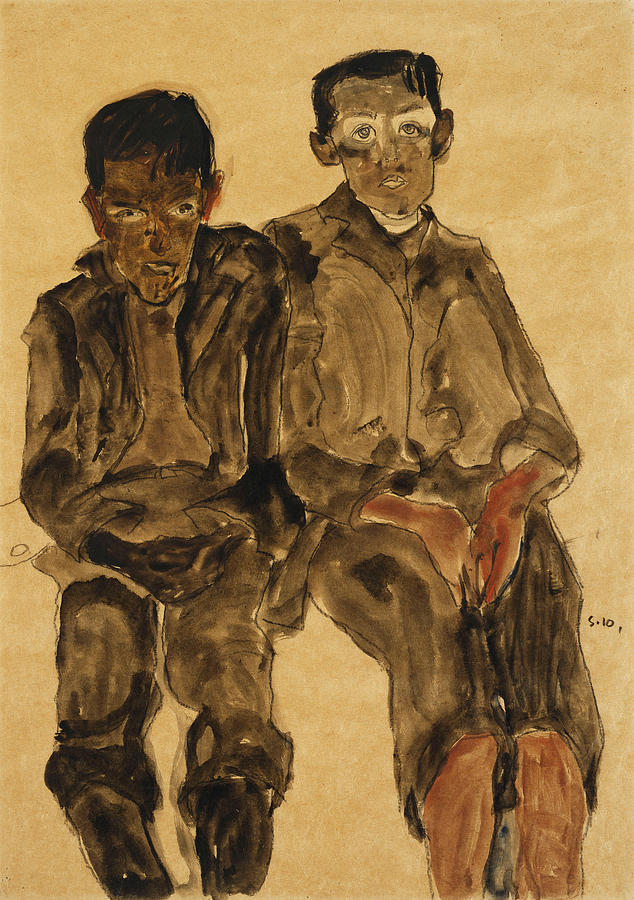 Two Seated Boys Painting by Egon Schiele