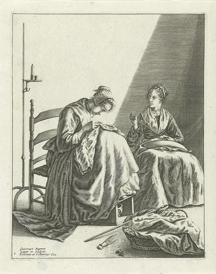 Tool Drawing - Two Sewing Women, Geertruydt Roghman, Johannes Covens by Geertruydt Roghman And Johannes Covens And Cornelis Mortier