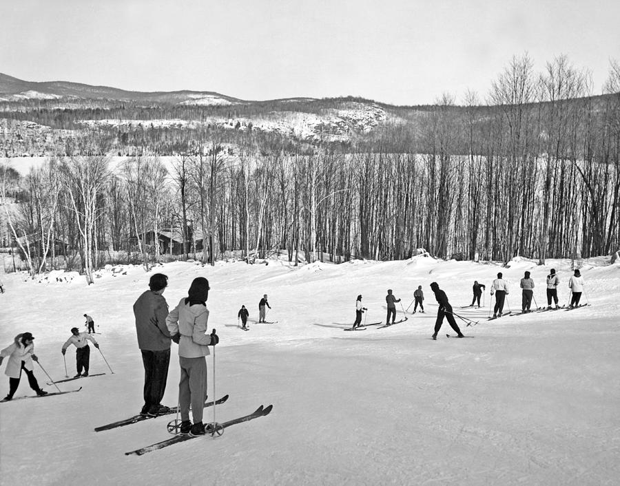 Two Skiers Pause On A Slope Photograph by Underwood Archives - Fine Art ...