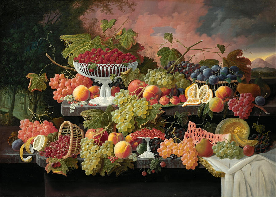 Severin Roesen Painting - Two-Tiered Still Life with Fruit and Sunset Landscape by Severin Roesen