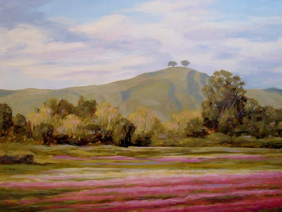 Landscape Painting - Two Trees With Field of Pink Flowers by Tina Obrien