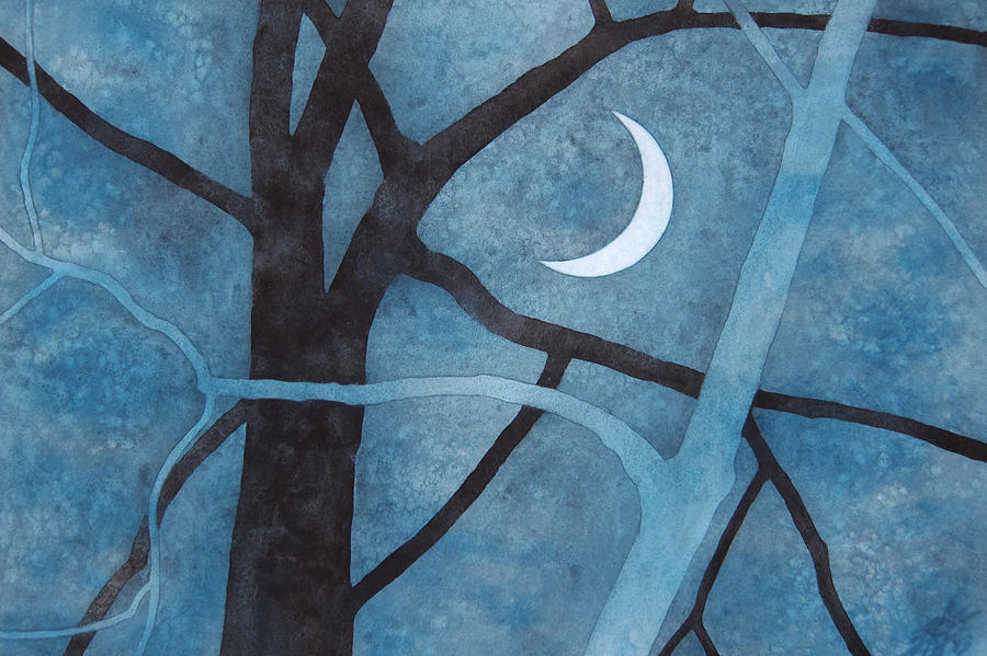 Two Trees with Waxing Crescent Painting by Robin Street-Morris