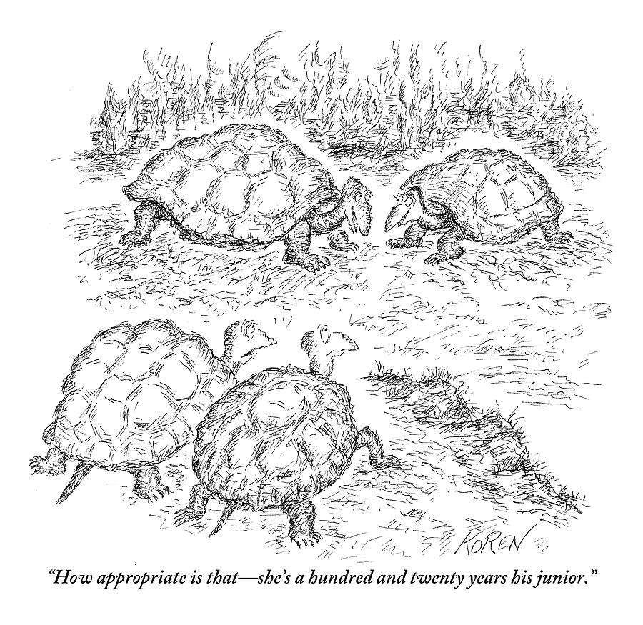 Two Turtles Look On As A Male And Female Turtle Drawing by Edward Koren