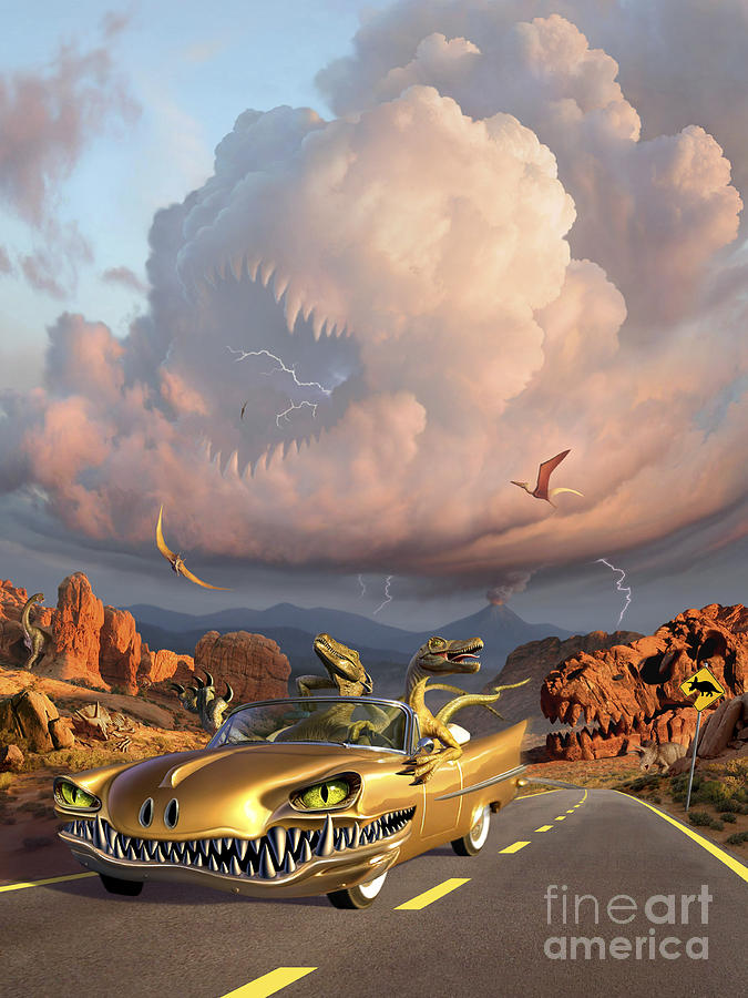 Two Velociraptors In Their Scary Car Digital Art