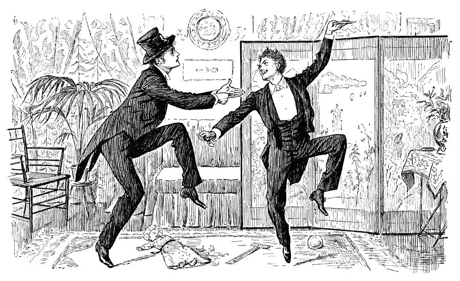 Two Victorian gentlemen dancing a jig Drawing by Whitemay