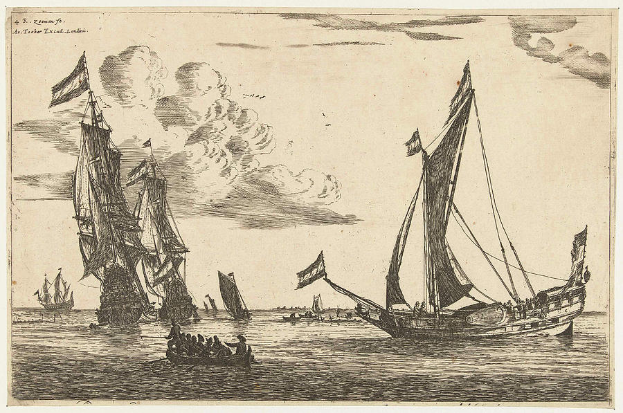 Boat Drawing - Two Warships And Hunting, Print Maker Reinier Nooms by Reinier Nooms And Arthur Tooker