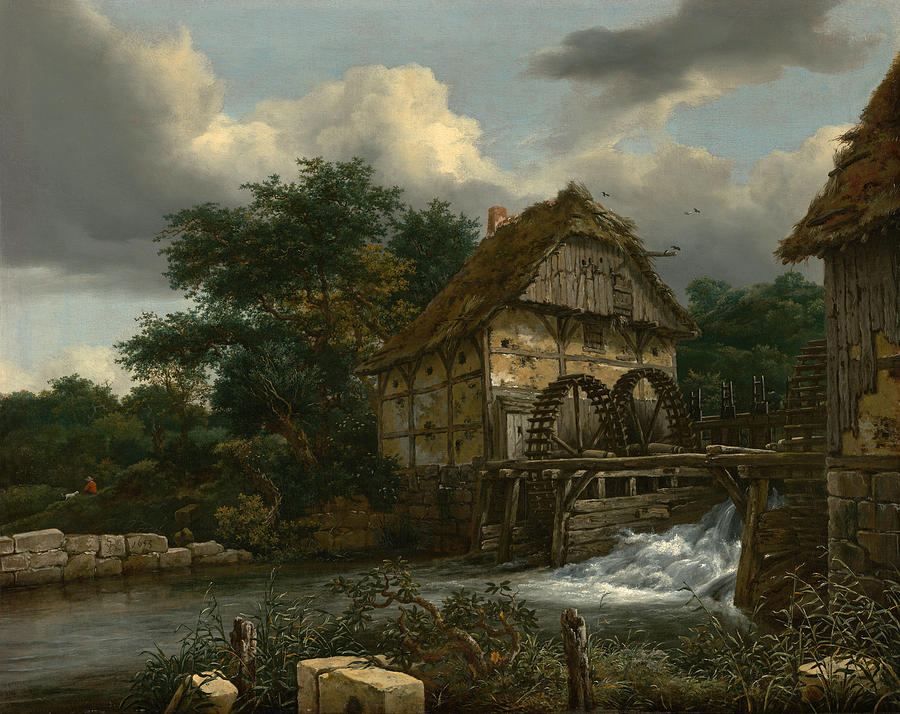 Landscape Painting - Two Watermills and an Open Sluice by Jacob van Ruisdael