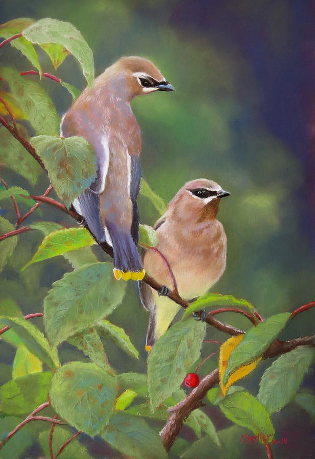 Bird Pastel - Two Waxwings One Berry by Marcus Moller