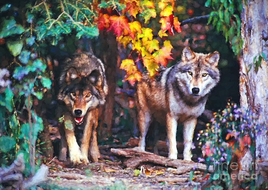 Two wolves in the fall Photograph by Les Palenik