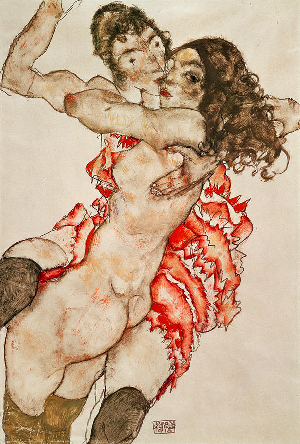 Two Women Embracing Painting by Egon Schiele