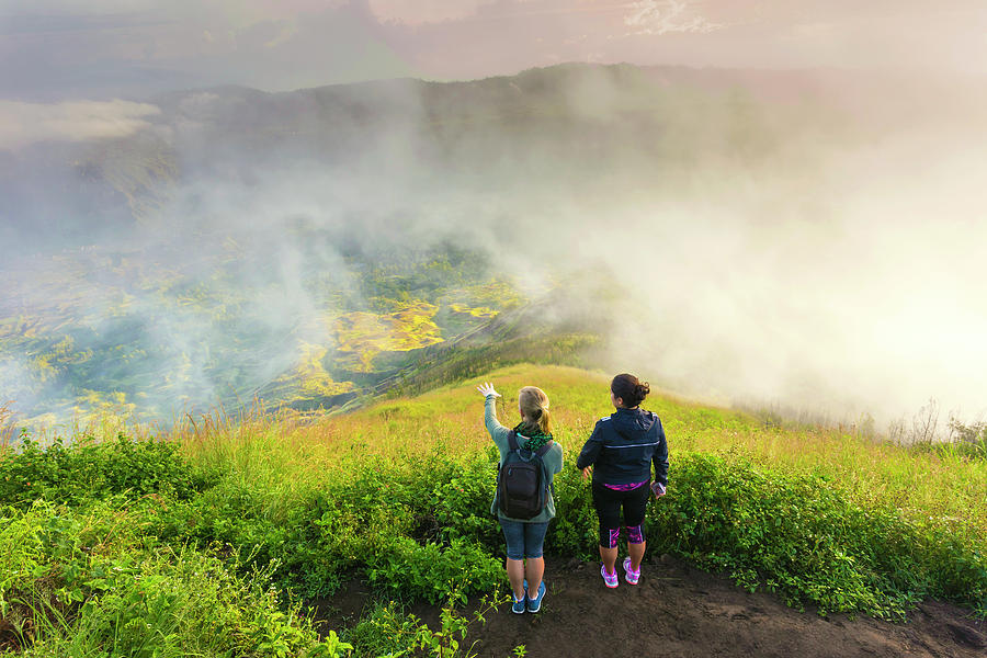 Two Women Hiker On The Top Of Volcano Photograph By Konstantin Trubavin 