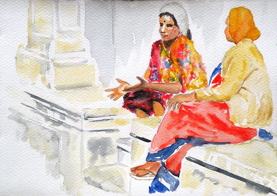 Two women in conversation Painting by Uma Krishnamoorthy