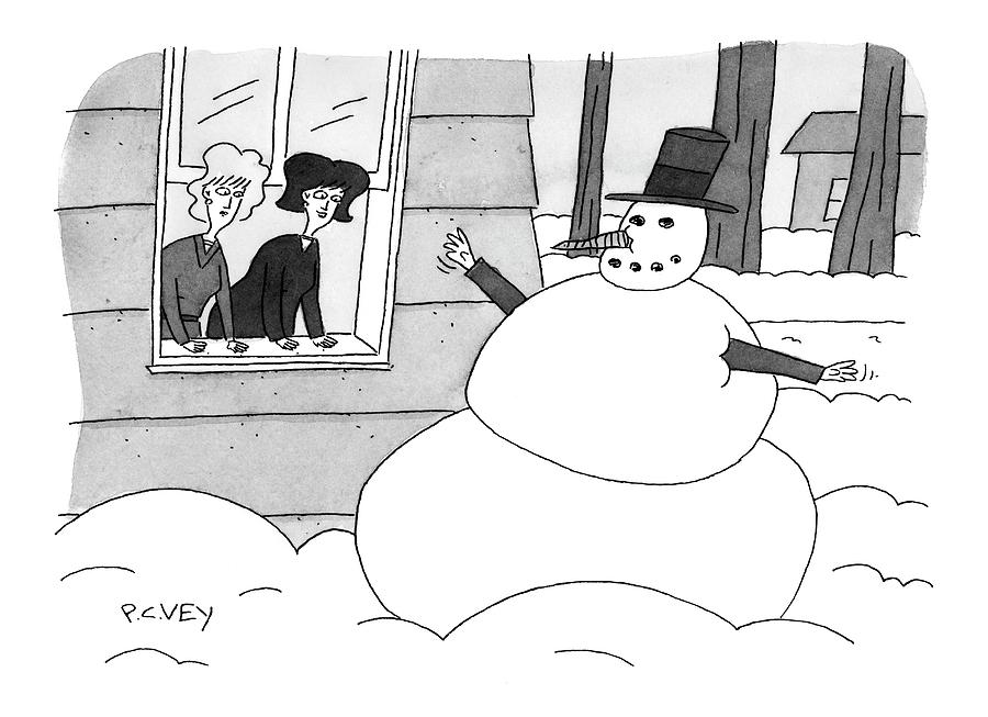 Two Women Look Out Of Window To See A Snowman Drawing by Peter C. Vey