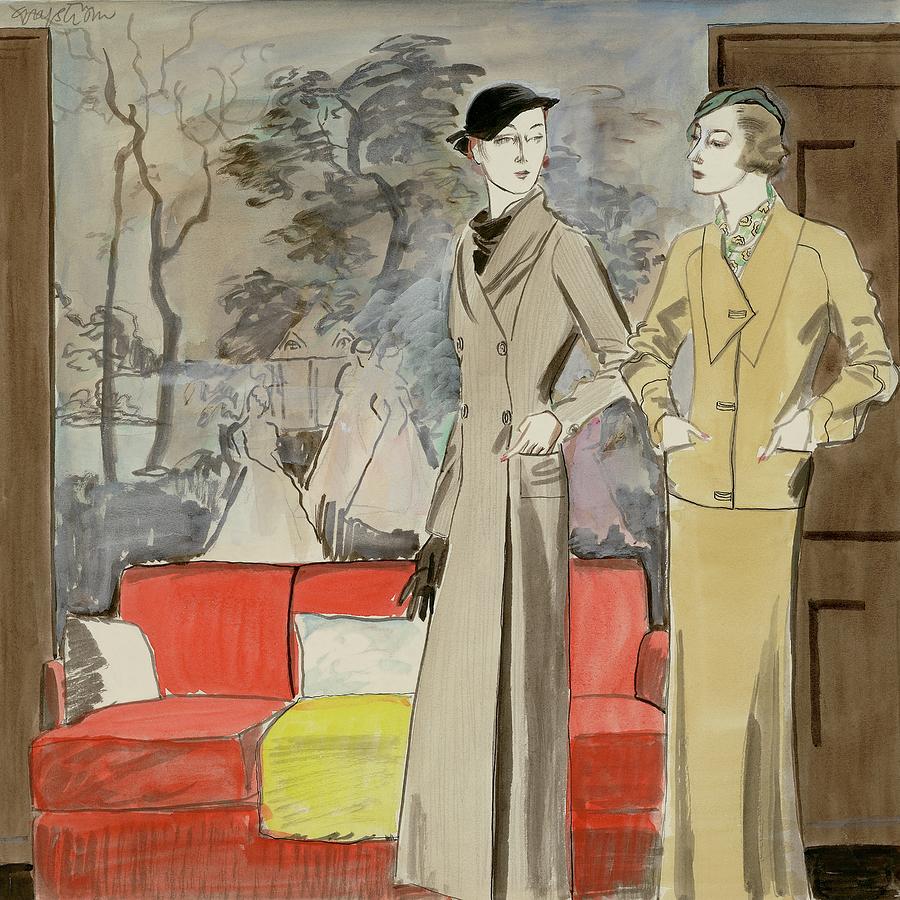 Hat Digital Art - Two Women Standing By A Sofa by R.S. Grafstrom