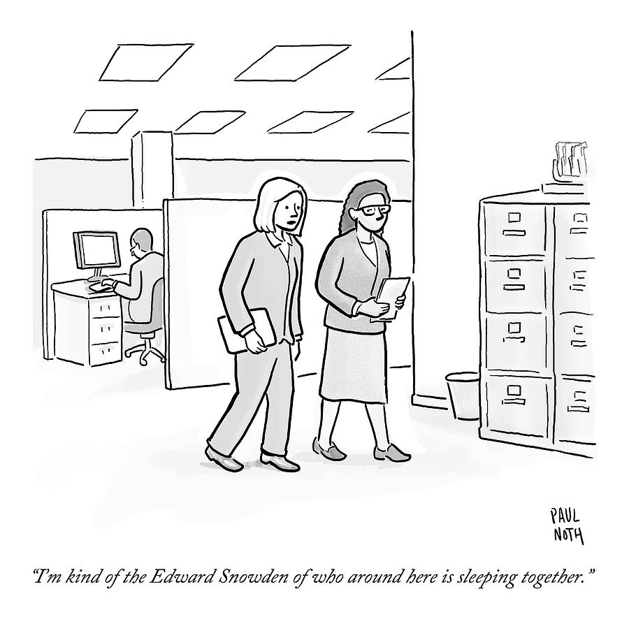 Two Women Walk Through An Office Drawing by Paul Noth