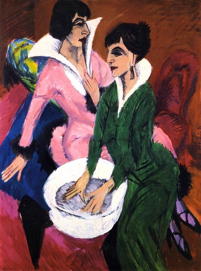 Two Women with a Washbasin Painting by Ernst Ludwig Kirchner
