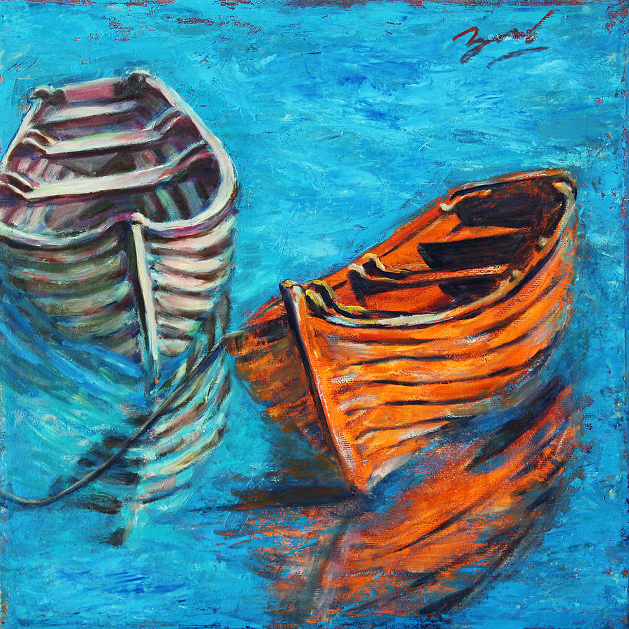 Two Wood Boats Painting by Xueling Zou