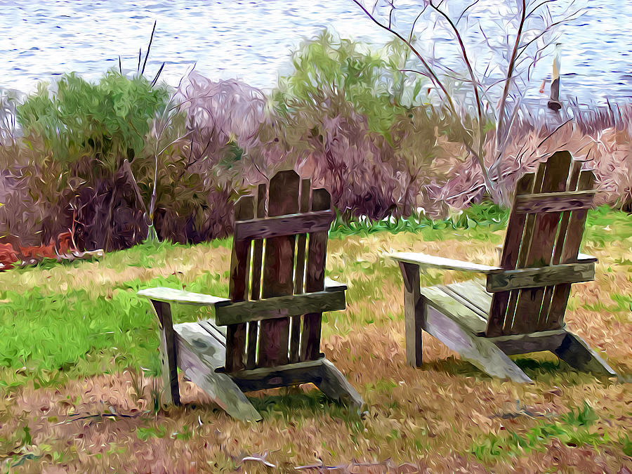 Two wooden chairs on a lake shore Painting by Jeelan Clark