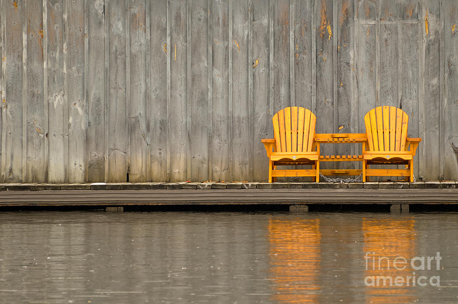 Two Photograph - Two wooden chairs on an old dock by Les Palenik