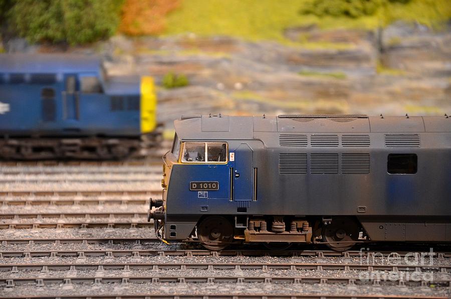Two yellow blue British Rail model railway train engines Photograph by Imran Ahmed
