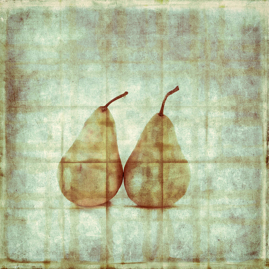 Pear Photograph - Two Yellow Pears on Folded Linen by Carol Leigh