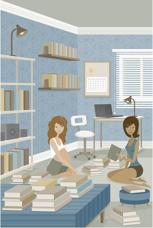 Two Young Women Studying in Bedroom Full of Books Drawing by Bortonia
