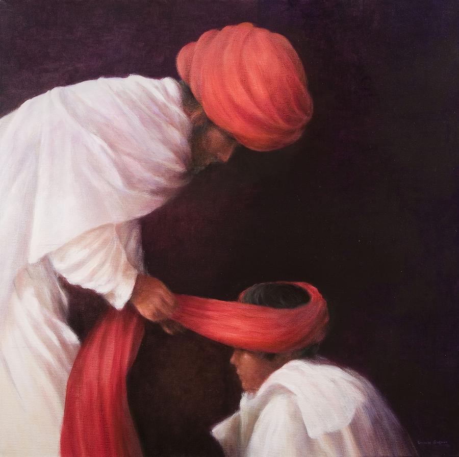 Male Photograph - Tying A Turban, 2010 Acrylic On Canvas by Lincoln Seligman