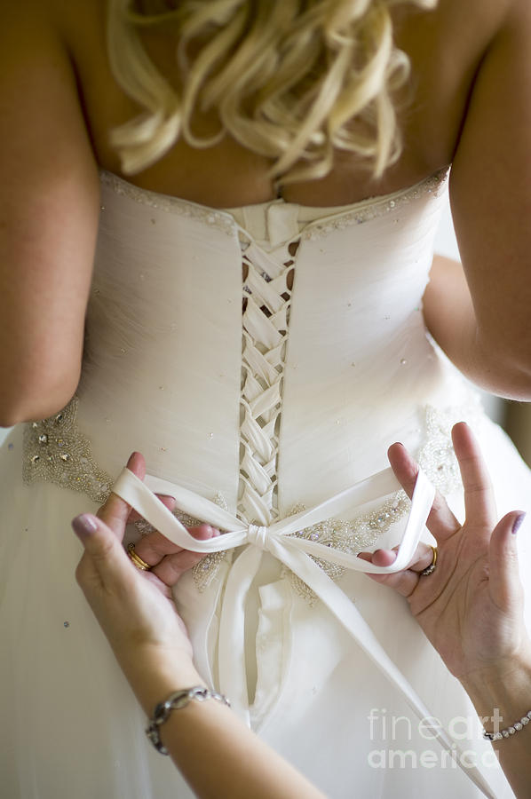 Tying The Wedding Dress Photograph by Lee Avison