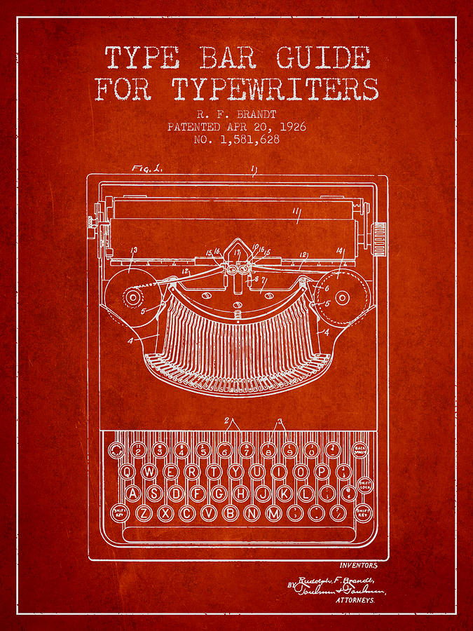 Vintage Digital Art - Type bar guide for typewriters patent from 1926 - Red by Aged Pixel