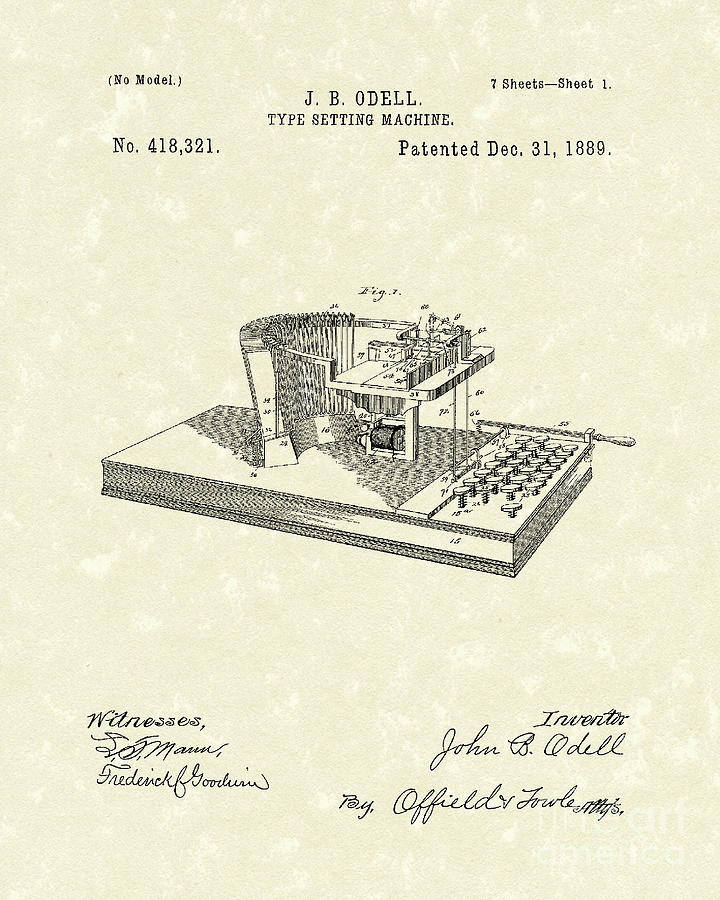Type Setting Machine 1889 Patent Art Drawing by Prior Art Design