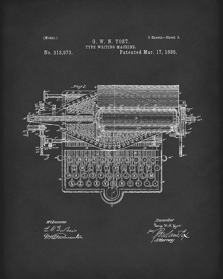 Type Writer 1885 Patent Art Black Drawing by Prior Art Design